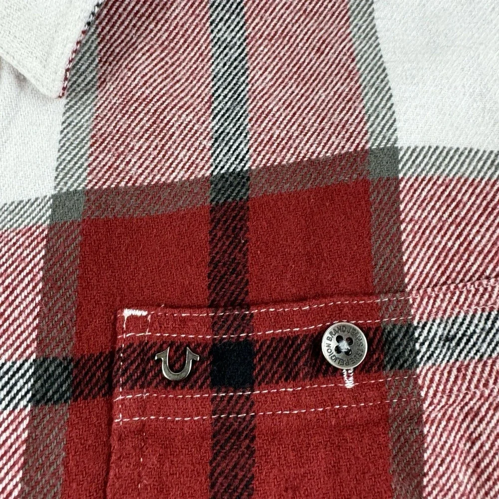 True Religion Mens Red White Plaid Cotton Flannel Button Up Shirt XL 104980